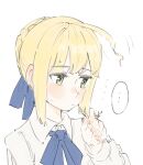  ... 1girl ahoge artoria_pendragon_(fate) blonde_hair blue_ribbon blush collared_shirt expressive_hair fate/stay_night fate_(series) green_eyes hair_bun hair_ribbon hair_twirling highres long_sleeves looking_to_the_side neck_ribbon ribbon saber sad shirt sidelocks simple_background sketch solo spoken_ellipsis tenoo12 upper_body white_background white_shirt wilted_ahoge 