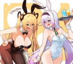  .live 2girls annoyed bent_over blonde_hair blush breasts carro_pino cleavage cup green_eyes groin headband juice kongou_iroha large_breasts long_hair looking_at_another multiple_girls pantyhose playboy_bunny purple_eyes purple_hair ribbon rune_(ru-nn) simple_background small_breasts tray twintails virtual_youtuber 