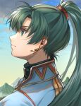  1girl black_undershirt blue_shirt closed_mouth cloud cloudy_sky day delsaber earrings fire_emblem fire_emblem:_the_blazing_blade from_side glint gold_earrings green_eyes green_hair hair_ornament high_collar high_ponytail highres jewelry long_hair looking_up lyn_(fire_emblem) mountain outdoors profile shirt sky solo turtleneck upper_body 