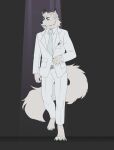  4_toes anthro barefoot blue_eyes bottomwear canid canine canis claws clothed clothing feet fur hi_res male mammal mordorinka necktie pants simple_background solo suit toes white_body wolf 