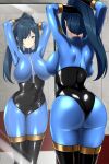  1girl adjusting_hair arms_behind_head backboob black_bodysuit black_gloves black_thighhighs blu_pyro_(tf2) blue_bodysuit blue_eyes blue_hair bodysuit breasts closed_mouth commentary commission english_commentary genderswap genderswap_(otf) gloves highres large_breasts lindaroze long_hair mirror ponytail pyro_(tf2) reflection smile solo standing team_fortress_2 thighhighs two-tone_bodysuit zipper 