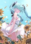  1girl aqua_hair blue_sky closed_eyes dress dress_tug flower grin hatsune_miku highres long_hair nekomimipunks off_shoulder sky smile solo sunflower twintails vocaloid white_dress wind 