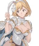  1girl animal_ears belt blonde_hair blush breasts brown_eyes cape cleavage djeeta_(granblue_fantasy) fake_animal_ears fake_tail flower granblue_fantasy hair_flower hair_ornament hairband hashibiro_kou_(garapiko_p) highres leotard looking_to_the_side open_mouth rabbit_ears rabbit_tail sage_(granblue_fantasy) short_hair short_sleeves shrug_(clothing) simple_background small_breasts smile solo tail upper_body white_background white_leotard wrist_cuffs 