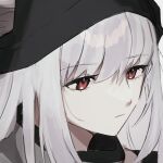  1girl animal_ear_fluff animal_ears arknights beanie black_headwear close-up ears_through_headwear frostleaf_(arknights) grey_background grey_hair hair_between_eyes hat inu_to_milk portrait red_eyes simple_background solo 