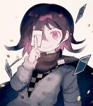  1boy black_cape buttons cape card checkered_clothes checkered_scarf coin danganronpa_(series) danganronpa_v3:_killing_harmony double-breasted flipped_hair grey_jacket hair_between_eyes holding holding_card jacket joker_(card) kara_aren oma_kokichi pink_eyes playing_card scarf solo white_background 