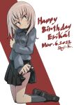 1girl absurdres artist_name birthday black_footwear black_skirt blue_eyes blush character_name closed_mouth clothes_lift dated dress_shirt english_text frown girls_und_panzer grey_hair grey_shirt grey_socks hand_on_own_arm happy_birthday head_tilt highres insignia itsumi_erika kneeling kuromorimine_school_uniform kuroneko_douji lifted_by_self loafers long_sleeves looking_at_viewer medium_hair miniskirt pleated_skirt school_uniform shirt shoes signature skirt skirt_lift socks solo wing_collar 
