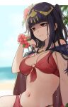  1girl bikini black_cape black_hair blunt_bangs breasts cape cleavage fire_emblem fire_emblem_awakening fire_emblem_heroes hair_ornament haru_(nakajou-28) highres long_hair medium_breasts o-ring o-ring_bikini official_alternate_costume red_bikini shaded_face solo swimsuit tharja_(fire_emblem) tharja_(summer)_(fire_emblem) tiara two_side_up 