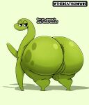  anus big_butt black_eyes bongo_(bonguitoweon) butt crossgender dinosaur female feral genitals green_background green_body hi_res huge_butt mouthless pussy reptile scalie simple_background solo spanish_text text thedeathcrow05 thick_thighs 