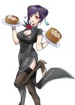  animal_print black_thighhighs bracelet breasts china_dress chinese_clothes cleavage cleavage_cutout clothing_cutout double_bun dress dress_flower dumpling final_fantasy final_fantasy_vii final_fantasy_vii_remake flower food foot_out_of_frame grey_dress hair_bun hair_ornament high_heels highres holding holding_food holding_plate jewelry large_breasts leopard_print looking_at_viewer official_alternate_costume open_mouth pelvic_curtain plate print_dress pumps purple_hair quichi_91 red_eyes red_flower red_rose rose smile swept_bangs tassel tassel_hair_ornament thighhighs tifa_lockhart white_background white_footwear 