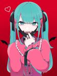  1girl black_bow blue_eyes blue_hair blunt_bangs blush bow center_frills collared_shirt commentary_request ear_chain ear_spike earrings fangs frilled_shirt_collar frilled_sleeves frills hair_between_eyes hair_bow hair_ornament hatsune_miku heart heart_hair_ornament heart_stickers highres jewelry long_hair long_sleeves looking_at_viewer mask mask_pull medium_bangs mole mole_under_eye mouth_mask multicolored_hair multiple_earrings open_mouth pink_hair pink_shirt red_background ring shirt simple_background smile solo streaked_hair twintails upper_body uziki_ntoki vampire_(vocaloid) vocaloid 