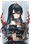  1girl bare_shoulders black_choker black_hair breasts choker cleavage dress earrings english_text flower gloves highres jewelry lace lace_gloves large_breasts long_hair looking_at_viewer off-shoulder_dress off_shoulder original princess red_eyes solo tiara ttosom upper_body 