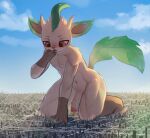  2023 absurd_res anthro anthrofied blush building city cloud destruction eeveelution generation_4_pokemon genitals green_tail hi_res landscape leaf_tail leafeon looking_down macro male nintendo penis pokemon pokemon_(species) sky skyscraper solo tail ti-suger vein veiny_penis 