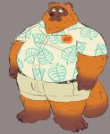  2023 animal_crossing anthro belly big_belly black_nose bottomwear brown_body canid canine clothing hi_res male mammal nintendo overweight overweight_male raccoon_dog shirt shorts simple_background smut_leo solo tanuki tom_nook_(animal_crossing) topwear 