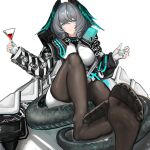  1girl absurdres aqua_eyes aqua_nails arknights black_jacket black_pantyhose breasts closed_mouth cocktail_glass cup drinking_glass feathered_wings feet fingerless_gloves foot_focus foreshortening gloves grey_hair hair_between_eyes head_wings highres ho&#039;olheyak_(arknights) holding jacket knee_up large_breasts legs lizard_tail looking_at_viewer no_shoes pantyhose shadow simple_background sitting smile snake_tail soles solo suiryuu_(18559651) tail thighs toes white_background white_jacket wings 