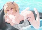  1girl :q absurdres anchorage_(azur_lane) ass azur_lane bikini bikini_bottom_only black_bow blonde_hair bow breasts doraski hair_between_eyes hair_bow highres large_breasts long_hair looking_at_viewer lying on_stomach red_eyes solo swimsuit thighhighs tongue tongue_out topless twintails water white_bikini white_thighhighs 