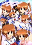  1girl azumaya_hironaru birthday black_gloves blue_eyes blush brown_hair closed_mouth gloves hair_ribbon happy_birthday long_hair looking_at_viewer lyrical_nanoha magical_girl mahou_shoujo_lyrical_nanoha mahou_shoujo_lyrical_nanoha_a&#039;s mahou_shoujo_lyrical_nanoha_strikers multiple_views open_mouth raising_heart ribbon simple_background smile starry_background takamachi_nanoha twintails w 