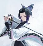  1girl absurdres black_hair butterfly_hair_ornament closed_mouth commentary demon_slayer_uniform expressionless gradient_hair hair_ornament haori highres holding holding_sword holding_weapon japanese_clothes kimetsu_no_yaiba kochou_shinobu looking_at_viewer multicolored_hair parted_bangs purple_eyes purple_hair revision sidelocks simple_background solo sword sword_writing tooku0 two-tone_hair updo upper_body weapon wide_sleeves 