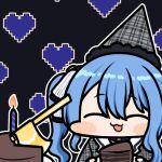  1girl birthday_cake blue_choker blue_eyes blue_hair blush cake chibi choker closed_eyes food hair_between_eyes hair_ribbon hat hololive hoshimachi_suisei jazz_jack lowres medium_hair open_mouth party_hat ribbon side_ponytail smile solo star_(symbol) star_choker virtual_youtuber white_ribbon 