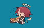  1girl =_= arknights black_gloves black_jacket blue_bow blush_stickers bow cheese_trail chibi closed_eyes commentary eating energy_wings exusiai_(arknights) flipped_hair food gloves halo high_collar highres holding holding_food holding_pizza jacket kdmr0402 multicolored_clothes multicolored_jacket pizza pizza_slice red_hair short_hair signature simple_background solo swept_bangs symbol-only_commentary two-tone_jacket upper_body white_jacket wings 