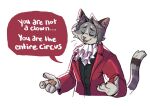  1boy ace_attorney animal_ears animal_nose ascot body_fur cat_boy cat_ears cat_tail closed_eyes commentary english_commentary english_text faintsuns furrification furry furry_male grey_fur grey_hair jacket long_sleeves male_focus meme miles_edgeworth open_mouth pawpads red_jacket simple_background snout solo speech_bubble suit tail upper_body white_background you_are_not_a_clown_(meme) 