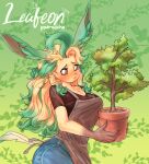  anthro apron blonde_hair blush blush_lines bodily_fluids bottomwear breasts brown_clothing brown_topwear cheek_tuft cleavage clothed clothing denim denim_clothing eeveelution facial_tuft female fur generation_4_pokemon green_hair hair hair_bun hi_res holding_object inner_ear_fluff jeans leafeon looking_at_viewer multicolored_body nintendo pants patrasche99 plant plant_pot pokemon pokemon_(species) solo sweat sweatdrop topwear tuft two_tone_body yellow_body yellow_fur 
