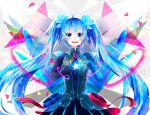  1girl :d black_dress black_gloves blue_eyes blue_hair dress elbow_gloves finger_frame gloves hatsune_miku lace-up_top long_hair looking_at_viewer shirayuki_towa smile solo star_(symbol) twintails upper_body very_long_hair vocaloid 