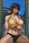  1girl abs absurdres black_hair blue_sky blush breasts cleavage clothes_lift ezzydraws highres large_breasts long_hair looking_to_the_side muscular muscular_female night one_eye_closed original shirt_lift sky sliding_doors solo sweat tank_top toned tree yellow_eyes 