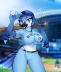  anthro avian baseball_(sport) baseball_bat baseball_cap baseball_uniform bat_(object) bird blue_jay clothing corvid female g-string hat headgear headwear hi_res jay_(bird) mlb new_world_jay oscine passerine solo spicyredfox sport sportswear toronto_blue_jays underwear uniform 