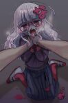  1girl ahoge artist_self-insert asphyxiation bags_under_eyes blood blood_from_mouth blood_splatter blue_skirt blunt_bangs bruise bruise_on_face commentary_request crying crying_with_eyes_open drooling full_body furrowed_brow gauze_on_cheek glasses grey_background grey_hair half-closed_eyes head_tilt highres injury long_hair long_sleeves looking_at_viewer messy_hair nosebleed original pantyhose pleated_skirt pov pov_hands purple_sweater red_eyes red_pantyhose ryona shadow shoes sidelocks sitting skirt snot solo_focus strangling sweater tears text_hair_ornament uwabaki wariza wavy_hair yasashii_naizou yasashii_naizou-chan 