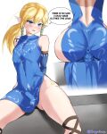  absurdres androgynous anus anus_peek ass blonde_hair blue_eyes dress frostbite_set_(zelda) highres huge_ass link nipples open_mouth otoko_no_ko ponytail sayokase sitting speech_bubble spread_legs the_legend_of_zelda the_legend_of_zelda:_tears_of_the_kingdom thick_thighs thighs 