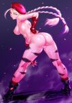  1girl ass blonde_hair bodypaint braid breasts cammy_white fingerless_gloves from_behind garrison_cap gloves hat highres long_hair medium_breasts nipples nude pussy red_gloves red_headwear solo street_fighter taka-michi twin_braids 