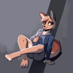  2023 anthro black_nose bottomless brown_body brown_fur canid canine canis clothed clothing digital_media_(artwork) enginetrap female fur head_tuft hi_res hoodie jackal light lighting mammal shaded sitting smile solo syl_(enginetrap) tan_body tan_fur topwear tuft 
