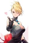  1girl bare_shoulders black_dress black_gloves blonde_hair blue_gemstone breasts brooch brown_eyes cleavage detached_collar dress earrings flower folded_ponytail fullmetal_alchemist fullmetal_alchemist_mobile gem gloves grey_dress heart highres jewelry looking_at_viewer one_eye_closed outstretched_arm pendant pointing pointing_at_viewer reaching reaching_towards_viewer red_flower riza_hawkeye smile solo strapless strapless_dress takafuji_yuna two-tone_dress updo upper_body white_background 