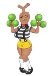  anthro big_breasts blush bottomwear bow_(feature) breasts brown_body clothing female footwear generation_2_pokemon hi_res huge_breasts nintendo overalls pattern_clothing pattern_shirt pattern_topwear pokeball pokemon pokemon_(species) shirt shoes shorts simple_background socks solo striped_clothing striped_shirt striped_topwear stripes sudowoodo topwear urusee584 white_background yellow_eyes 