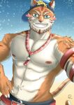  2022 anthro armband beach beard blonde_hair blue_eyes blush bottomwear clothed clothing colored dated digital_media_(artwork) facial_hair felid fur grin hair hand_on_hip hat headgear headwear inner_ear_fluff looking_at_viewer low-riding male mammal muscular muscular_male nails nipples orange_body orange_fur outside pantherine pecs seaside shorts showing_teeth signature smile snow snowing solo standing stripes super-nova swaggy_tamago swimwear tail tiger topless topless_male tuft vince_(super-nova) whistle_(object) white_body white_fur 