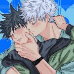  2boys black_hair blush closed_eyes closed_mouth fushiguro_megumi fushirun_rung gojou_satoru green_eyes hand_on_another&#039;s_face heart heart_background imminent_kiss jujutsu_kaisen korean_commentary long_sleeves looking_at_viewer male_focus multiple_boys one_eye_closed parted_lips short_hair spiked_hair white_hair yaoi 