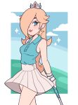  1girl alternate_costume artist_name bare_shoulders blonde_hair blue_eyes blue_shirt cremanata crown earrings eyelashes gloves golf_club hair_over_one_eye highres holding holding_golf_club jewelry mario_(series) mario_golf rosalina shirt single_glove skirt sleeveless sleeveless_shirt smile solo star_(symbol) star_earrings white_gloves white_skirt 