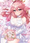  1girl animal_ears bare_shoulders bouquet breasts cherry_blossoms commentary cowboy_shot dress felielle flower fox_ears genshin_impact gloves grin large_breasts long_hair looking_at_viewer petals pink_flower pink_hair pink_rose purple_eyes rose sleeveless sleeveless_dress smile solo thighhighs thighs very_long_hair wedding_dress white_dress white_flower white_gloves white_rose white_thighhighs yae_miko 
