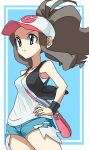  1girl asamaru1225 bag baseball_cap between_breasts black_vest black_wristband blue_background border breasts brown_hair closed_mouth denim denim_shorts exposed_pocket hand_on_own_hip hat high_ponytail highres hilda_(pokemon) long_hair pink_bag pokemon pokemon_(game) pokemon_bw shirt short_shorts shorts shoulder_bag sidelocks sleeveless sleeveless_shirt solo split_mouth strap_between_breasts vest white_border white_shirt wristband 