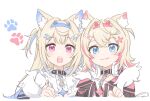  2girls animal_ear_fluff animal_ears bandaid_hair_ornament blonde_hair blue_eyes collar fur_trim fuwawa_abyssgard headphones headphones_around_neck highres hololive hololive_english mococo_abyssgard multiple_girls o_kudake paw_print pink_eyes siblings smile spiked_collar spikes twins virtual_youtuber 