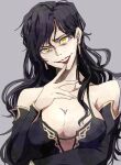  1girl arm_under_breasts bare_shoulders black_dress black_hair breasts circlet cleavage collarbone detached_sleeves dress earrings finger_to_mouth fire_emblem fire_emblem:_the_blazing_blade gold_trim grey_background head_tilt jewelry large_breasts lipstick long_hair looking_at_viewer makeup mature_female plunging_neckline red_lips smile solo sonia_(fire_emblem) sturm_fe_k11 teeth upper_body yellow_eyes 