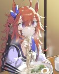  1girl ahoge ai_drawing_anime_characters_eating_ramen_(meme) animal_ears bow bowtie bright_pupils chopsticks cup ear_bow egg_(food) food hair_between_eyes headgear highres horse_ears horse_girl indoors long_hair long_sleeves making-of_available mask meme messy_hair mouth_mask noodles orange_hair orfevre_(umamusume) purple_bow purple_eyes purple_sailor_collar purple_shirt ramen reins sailor_collar sailor_shirt school_uniform shirt sketch solo steam taisa_(h68533631) tracen_school_uniform umamusume upper_body white_bow white_bowtie winter_uniform you&#039;re_doing_it_wrong yunomi 