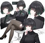  1girl absurdres allmind_(armored_core_6) armored_core armored_core_6 black_hair black_jacket black_necktie black_suit blush breasts earrings english_commentary green_eyes green_hair highres jacket jewelry looking_at_viewer multicolored_hair necktie office_lady ormille pantyhose personification shirt short_hair skirt smile solo suit sweater turtleneck turtleneck_sweater white_background 