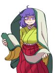  1girl absurdres ahoge blunt_bangs closed_mouth commentary eddybird55555 english_commentary green_kimono hieda_no_akyuu high-waist_skirt highres holding holding_scroll japanese_clothes kimono looking_at_viewer purple_hair red_skirt ringed_eyes scroll short_hair simple_background skirt smile solo touhou white_background wide_sleeves 