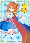  1girl arle_nadja blue_cape blunt_bangs brooch cape carbuncle_(puyopuyo) commentary cosplay cure_sky cure_sky_(cosplay) detached_sleeves fingerless_gloves gloves green_eyes half_updo highres hirogaru_sky!_precure jewelry madou_monogatari magical_girl medium_hair miyakomu orange_hair precure puffy_detached_sleeves puffy_sleeves puyopuyo smile solo two-sided_cape two-sided_fabric wing_brooch wing_hair_ornament 