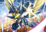  absurdres cloud cloudy_sky duel_masters duel_masters_play&#039;s energy_sword glowing glowing_eyes highres holding holding_sword holding_weapon kurokawa_heuy lightning low_wings mecha open_hand pink_eyes robot sky sword weapon wings 