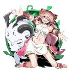  1girl 1other absurdres barefoot closed_eyes dress duel_monster hair_over_one_eye halterneck highres midriff navel open_mouth pink_hair red_eyes sacred_sheep_tree_beromet sheep smile tomiyama_mishiro traptrix_pinguicula white_background white_dress wristband yu-gi-oh! 