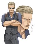  1boy albert_wesker black_vest blonde_hair commentary_request crossed_arms frown hair_slicked_back male_focus muscular muscular_male resident_evil resident_evil_4 resident_evil_4_(remake) smile sunglasses tatsumi_(psmhbpiuczn) translation_request vest yellow_eyes 
