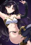 1girl absurdres arms_up bikini black_hair black_thighhighs breasts closed_mouth collarbone detached_collar earrings fate/grand_order fate_(series) gold gold_earrings gold_trim highres hoop_earrings ishtar_(fate) jewelry kurozawa_yui long_hair looking_at_viewer medium_breasts navel red_eyes sky smile solo star_(sky) starry_sky stomach swimsuit thighhighs thighs v very_long_hair 