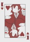  1girl bolos braid cape capelet card cross heart holding holding_cross king_(playing_card) king_of_hearts_(playing_card) long_hair long_sleeves okazaki_yumemi playing_card red_eyes red_hair red_vest shirt striped striped_shirt touhou touhou_(pc-98) vest 